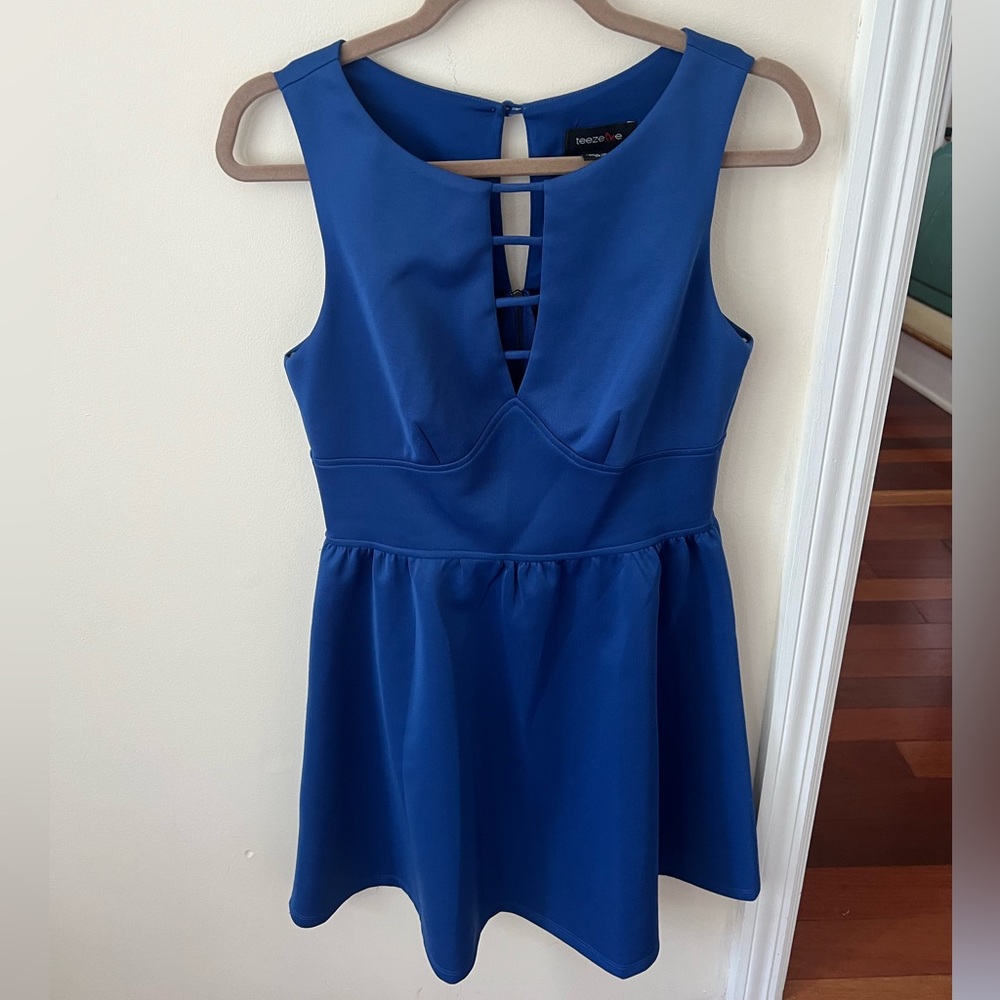 Women’s Royal Blue Fitted Skater Dress with Cut Out Front Detail | Macy’s